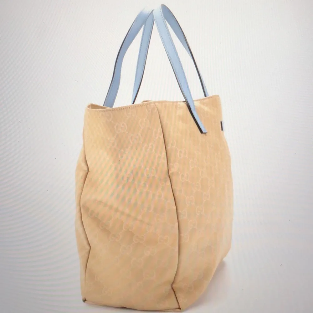 #0212 Gucci GG Beige Canvas & Baby Blue Leather Tote - Picture 3 of 11